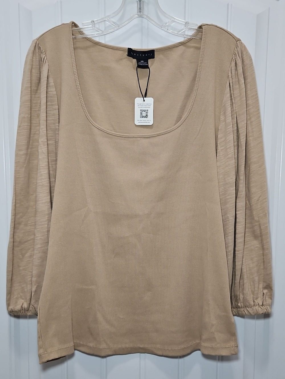 Sanctuary Ribbed 3/4 Puff Sleeve Scoop Neck Top Taupe XXL Women's New